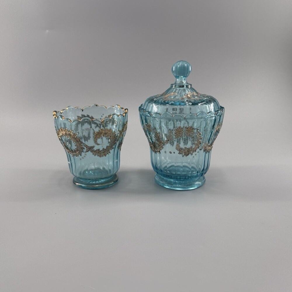 Antique EAPG Northwood Ivy Scroll Blue Glass Sugar Spooner Gold UV Glow c1903
